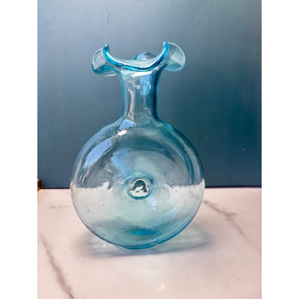 Vintage Hand Blown Turquoise Blue Glass Donut Vase Ruffled Scalloped